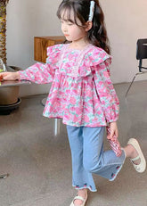 Precioso conjunto de dos piezas de top de algodón con estampado rosa y pantalón vaquero para niñas pequeñas, otoño